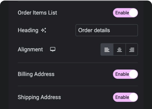 Thank you page order item customizer woocommerce thank you page from the plus addons for elementor
