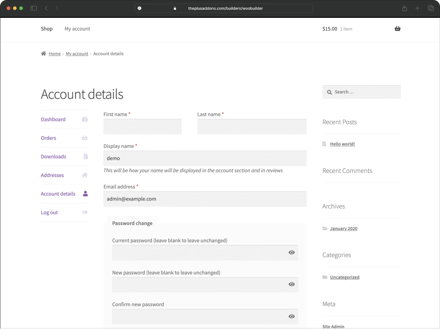 Woocommerce account before woo my account page from the plus addons for elementor
