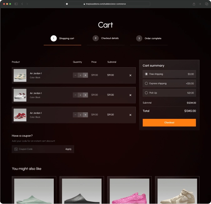 Woocommerce cart page after woocommerce store builder for elementor from the plus addons for elementor