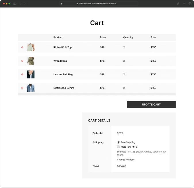 Woocommerce cart page before woocommerce store builder for elementor from the plus addons for elementor