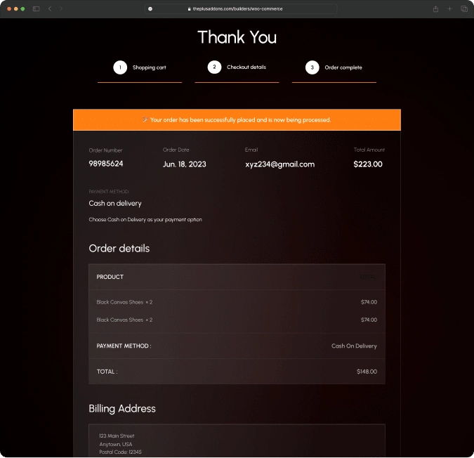 Woocommerce thank you page after woocommerce store builder for elementor from the plus addons for elementor