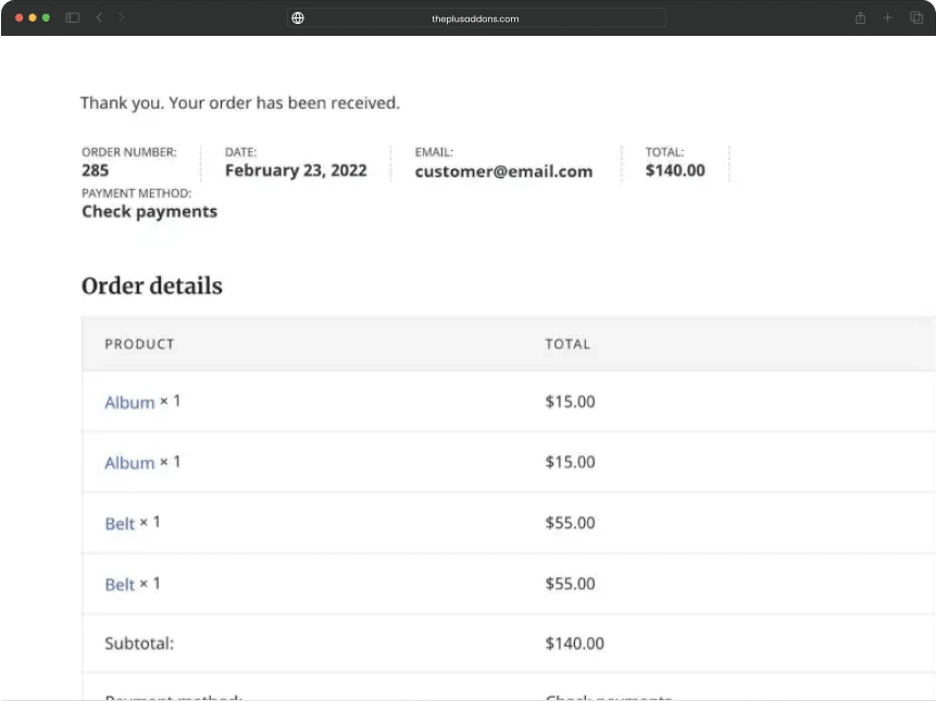 Woocommerce thank you design before woocommerce thank you page from the plus addons for elementor