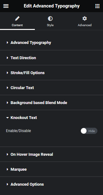 Advanced typography knockout advanced typography widget: settings overview from the plus addons for elementor