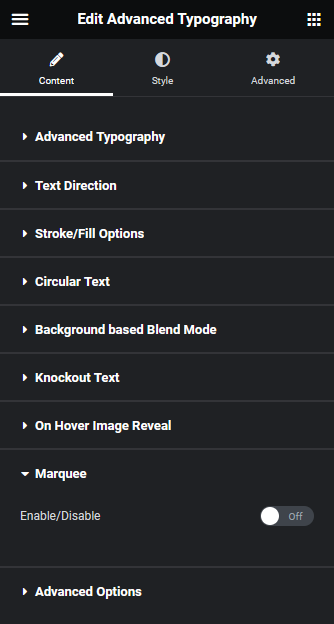 Advanced typography marquee advanced typography widget: settings overview from the plus addons for elementor