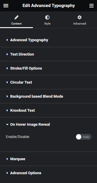 Advanced typography on hover image reveal advanced typography widget: settings overview from the plus addons for elementor