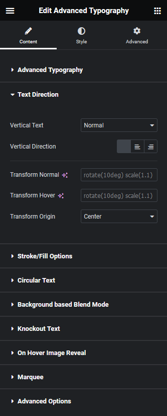 Advanced typography text direction advanced typography widget: settings overview from the plus addons for elementor