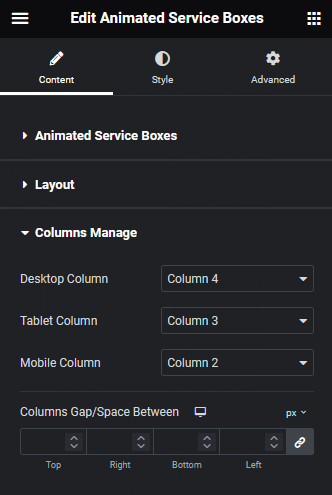 Animated service boxes columns manage animated service boxes widget: settings overview from the plus addons for elementor