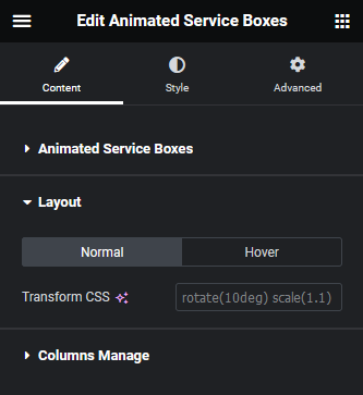 Animated service boxes layout animated service boxes widget: settings overview from the plus addons for elementor