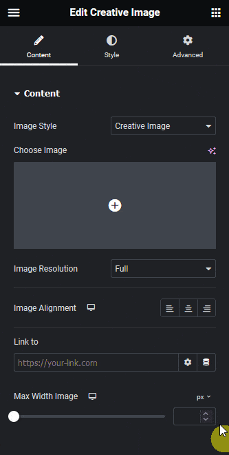 Creative image content creative image widget: settings overview from the plus addons for elementor