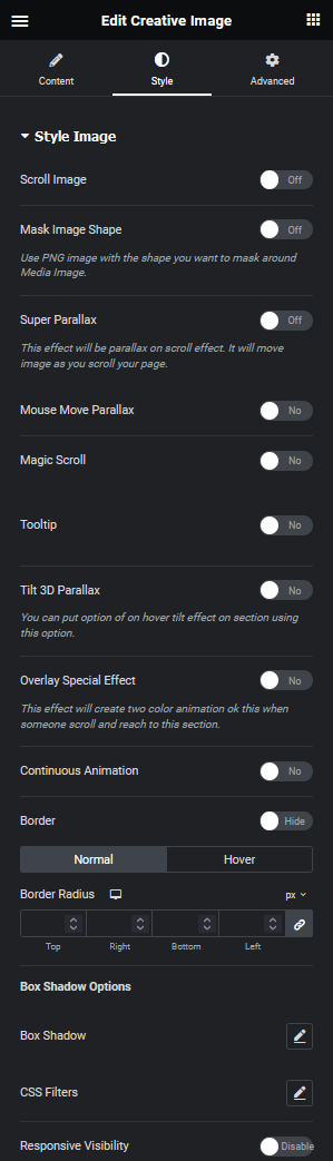Creative image style creative image widget: settings overview from the plus addons for elementor