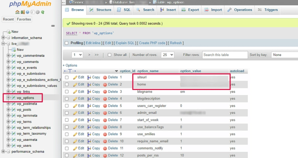 Wp options in phpmyadmin how to fix 