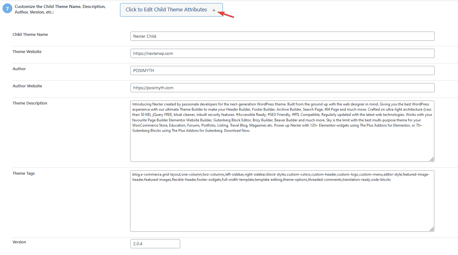 Click to edit child theme attributes