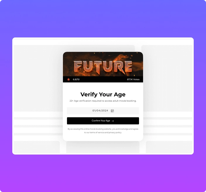 Movie booking age verification with date elementor age gate verification widget [yes/no, birthdate] from the plus addons for elementor