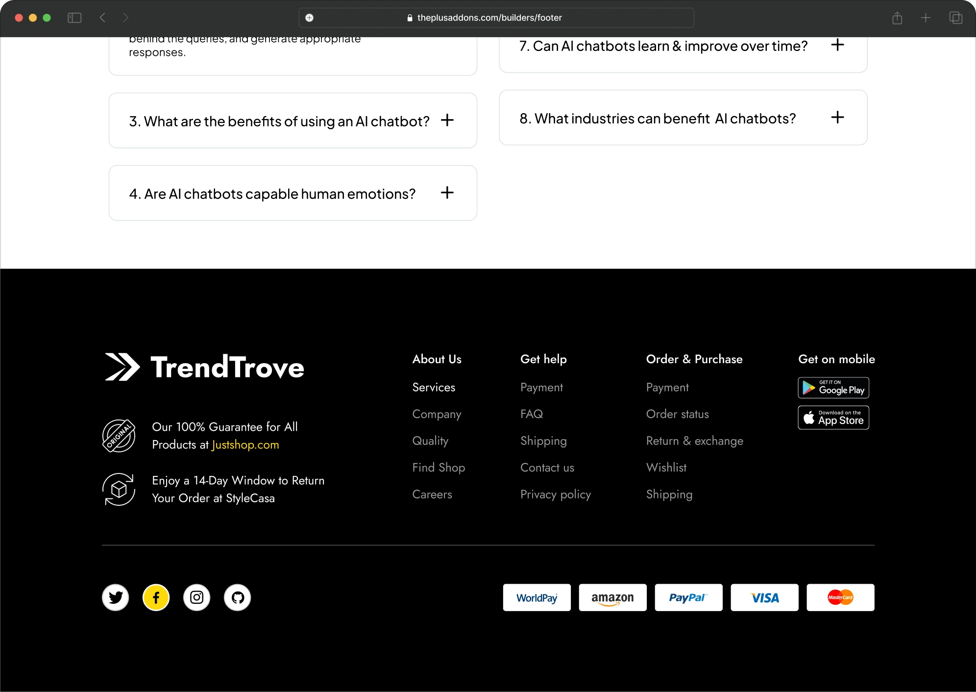 Online store dark mode footer new footer builder for elementor from the plus addons for elementor
