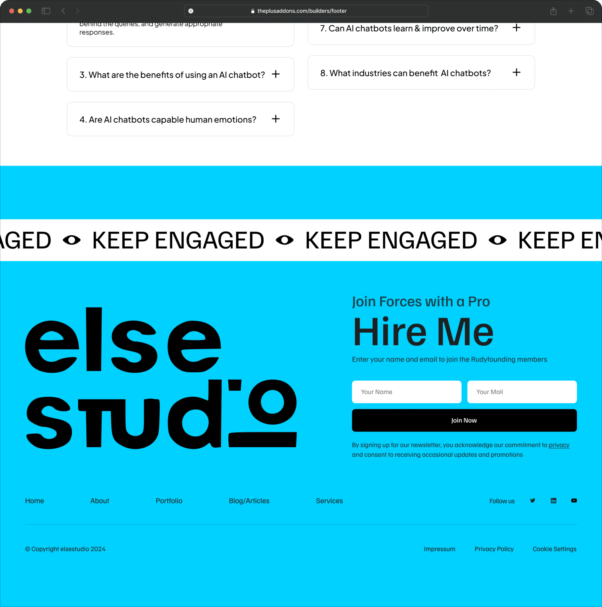 Portfolio site advanced footer new footer builder for elementor from the plus addons for elementor