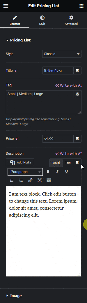 Pricing list classic how to create a food menu in elementor? From the plus addons for elementor