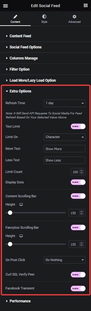 Social feed extra options 1 social feed elementor widget: settings overview from the plus addons for elementor