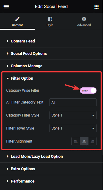 Social feed filter option 2 social feed elementor widget: settings overview from the plus addons for elementor