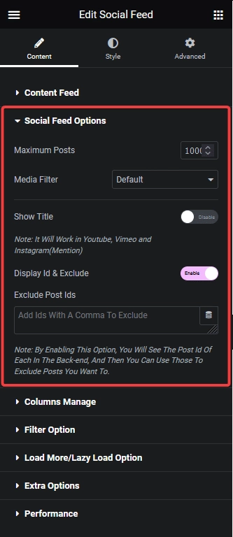 Social feed options social feed elementor widget: settings overview from the plus addons for elementor