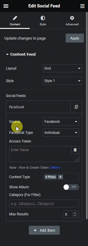 Social feed social options 1 social feed elementor widget: settings overview from the plus addons for elementor