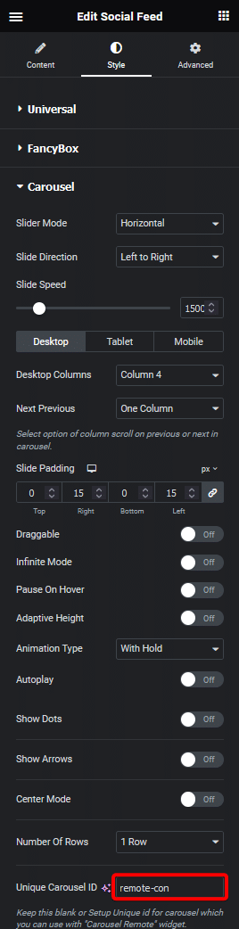 Social feed unique carousel id how to connect social feed carousel with remote carousel? From the plus addons for elementor