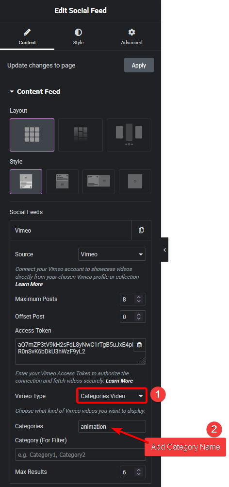 Social feed vimeo categories video new how to add vimeo channel feed in elementor? From the plus addons for elementor