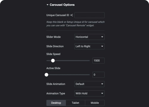 Carousel options for carousel mode elementor image gallery [grid, carousel, metro, masonry layouts] from the plus addons for elementor