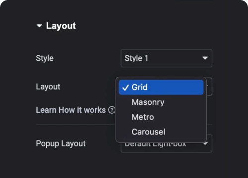 Choose from grid carousel metro masonry layout elementor image gallery [grid, carousel, metro, masonry layouts] from the plus addons for elementor