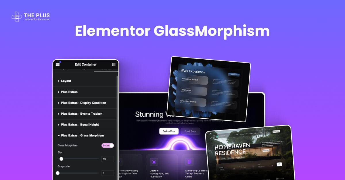 Elementor Glassmorphism: the Glass Morphism panel alongside frosted glass UI examples