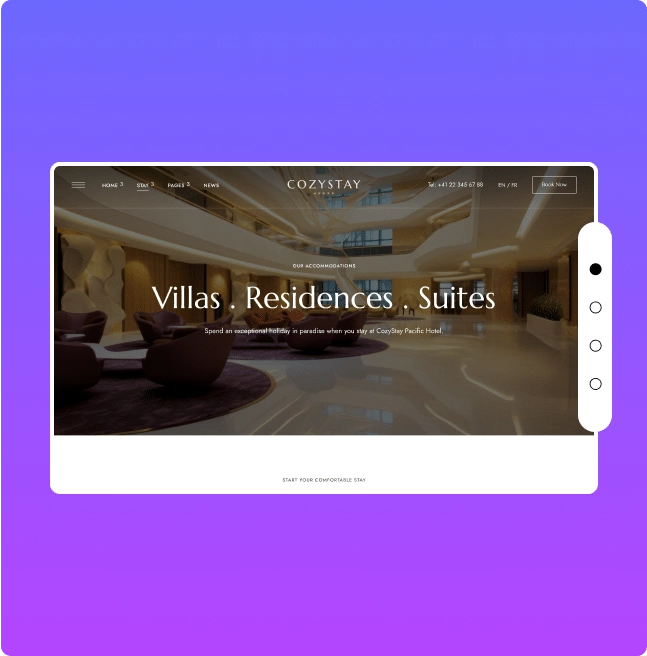 Hotel booking website vertical dots navigation elementor one page scroll navigation from the plus addons for elementor