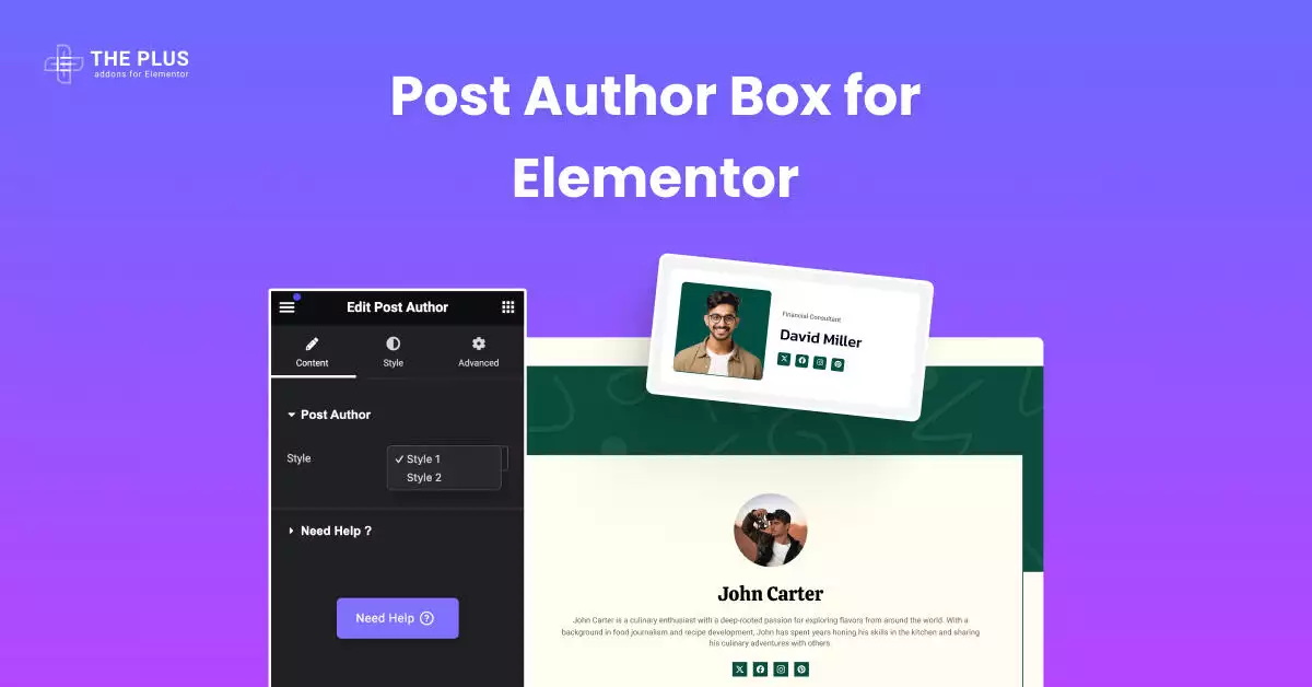 Post author featured img blog post author box for elementor from the plus addons for elementor