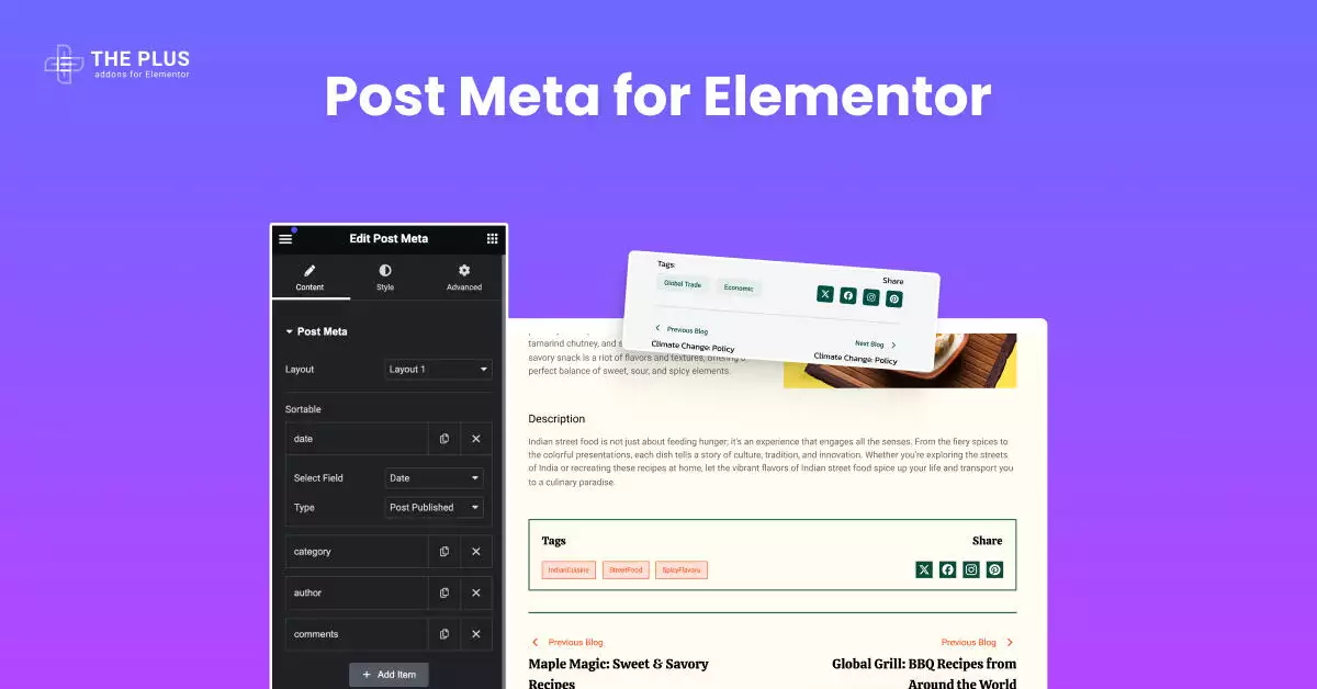 Post meta featured img blog post meta for elementor from the plus addons for elementor