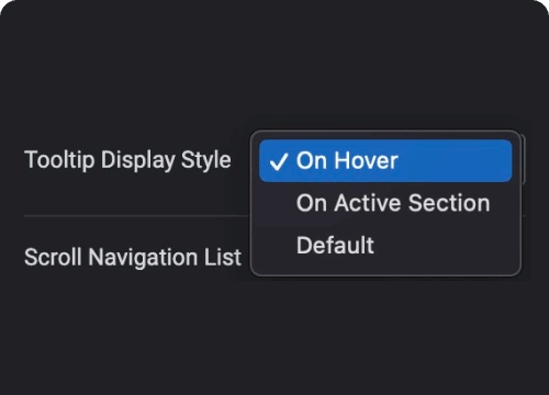 Show tooltip on hover or active slide elementor one page scroll navigation from the plus addons for elementor