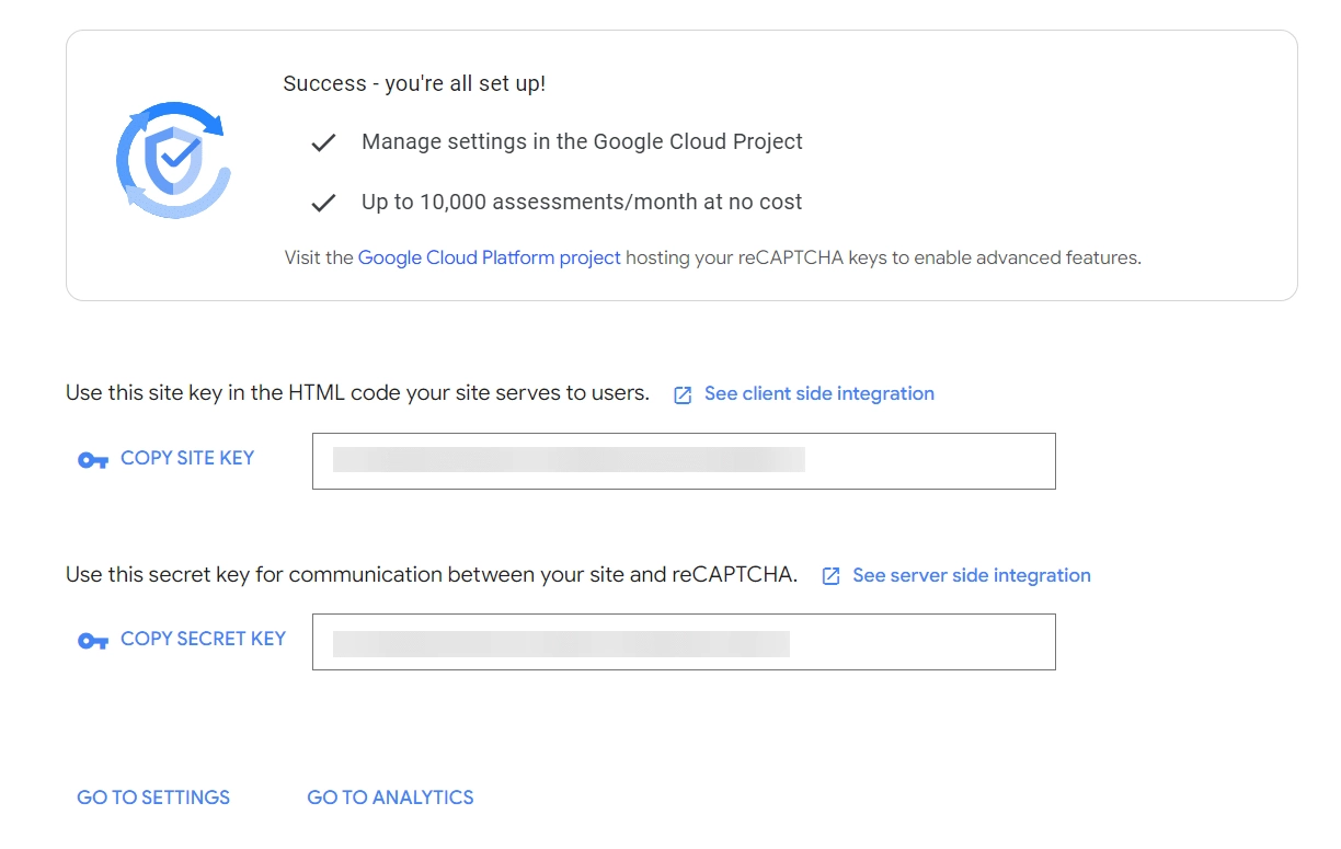 Recaptcha site key and secret key displayed after registration