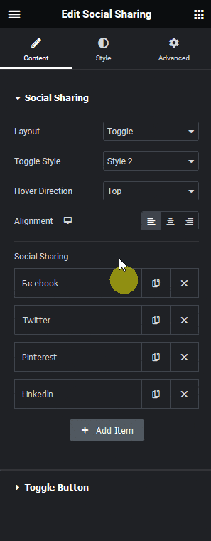 Social sharing toggle how to add social share toggle button in elementor? From the plus addons for elementor