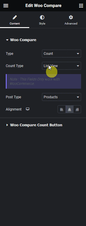 Woo compare type count how to show woocommerce product compare count in elementor? From the plus addons for elementor