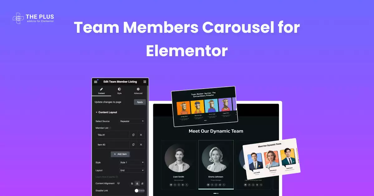 Feature team members carousel for elementor team members carousel for elementor [horizontal & vertical] from the plus addons for elementor