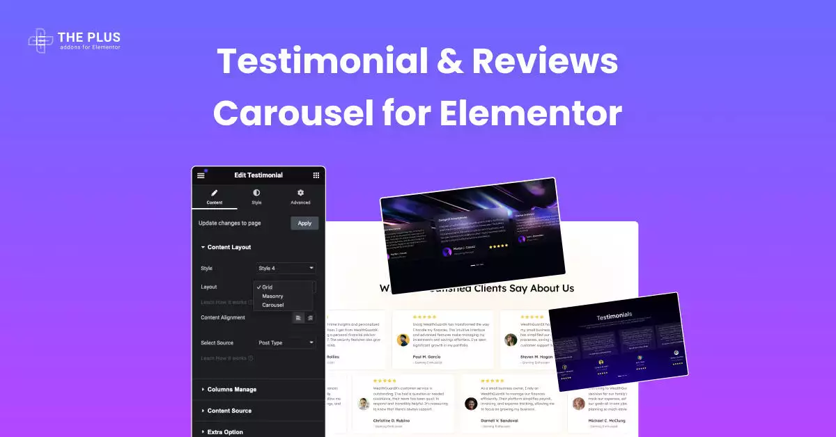 Feature testimonial reviews carousel for elementor testimonials carousel slider for elementor [horizontal & vertical] from the plus addons for elementor