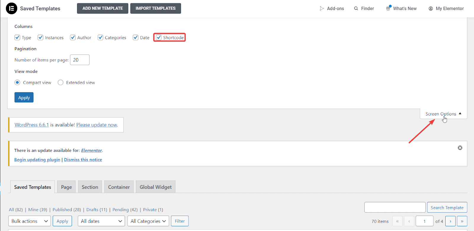 WordPress Screen options | The Plus Addons for Elementor Wordpress screen options how to display elementor templates using a shortcode from the plus addons for elementor