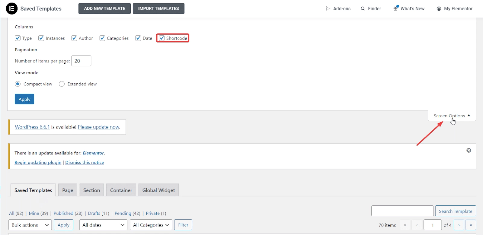 Wordpress screen options how to display elementor templates using a shortcode from the plus addons for elementor