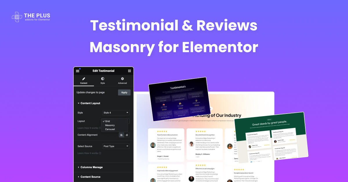 Feature testimonial reviews masonry for elementor testimonials masonry for elementor [no coding required] from the plus addons for elementor