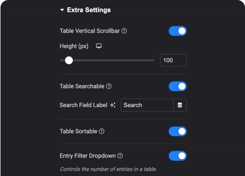 Add filter search sorting to table data table for elementor from the plus addons for elementor