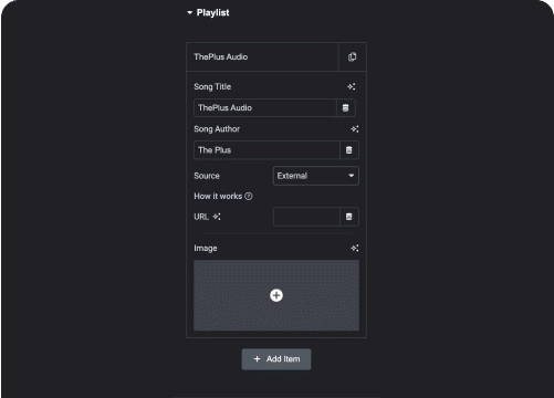 Add multiple audios and create playlist elementor audio player widget [music playlist, podcasts & more] from the plus addons for elementor