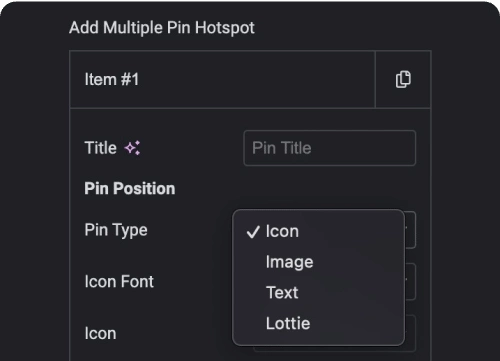 Add text icon image lottie as pin image hotspots for elementor from the plus addons for elementor