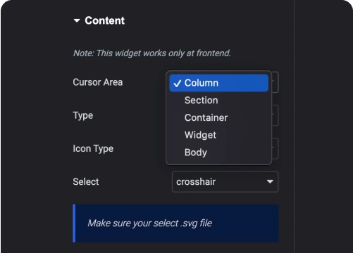 Choose custom cursor area custom mouse cursor icon for elementor [no coding required] from the plus addons for elementor