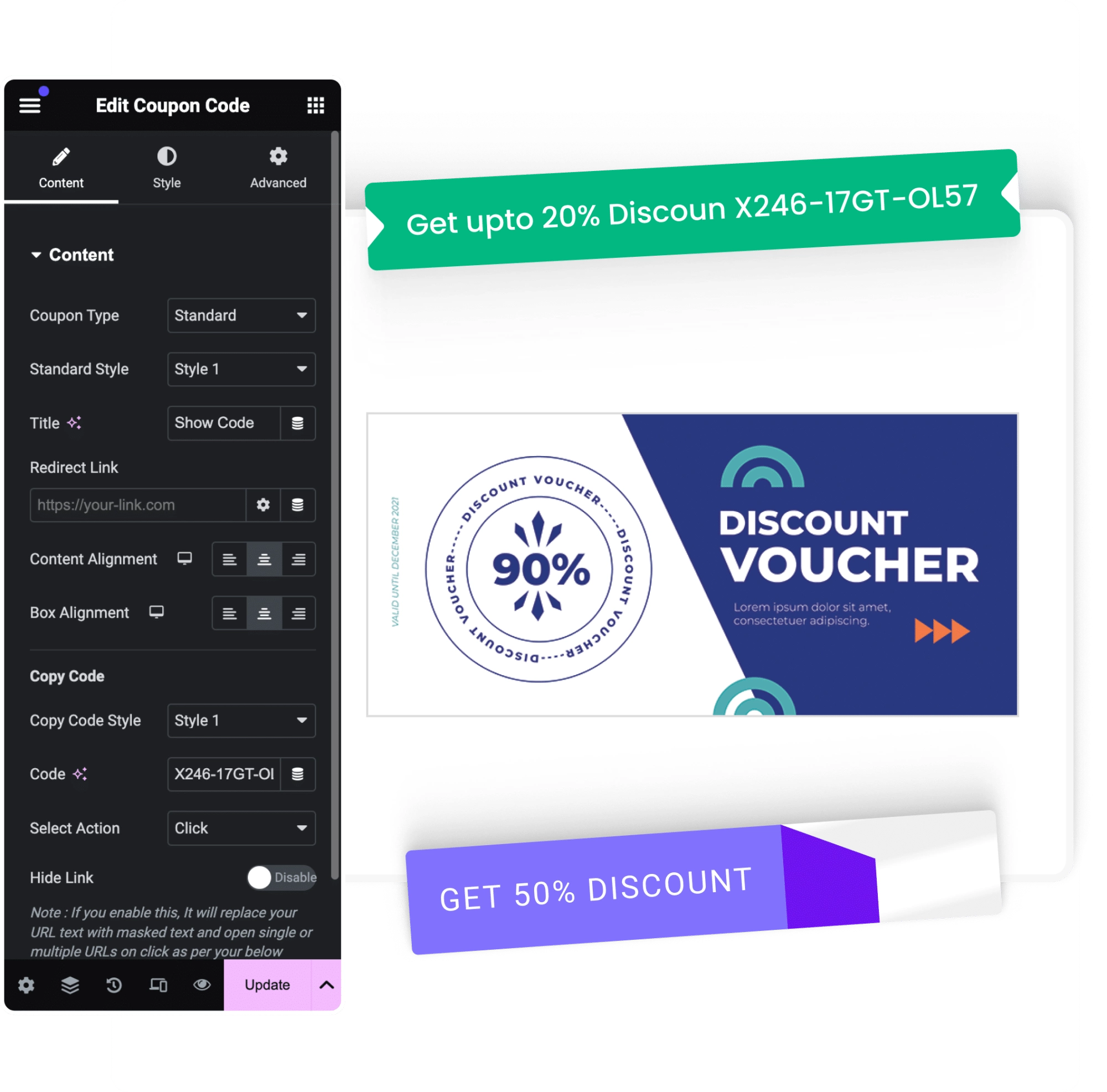 Copy coupon code widget for elementor elementor coupon code button & discount reveal widget from the plus addons for elementor