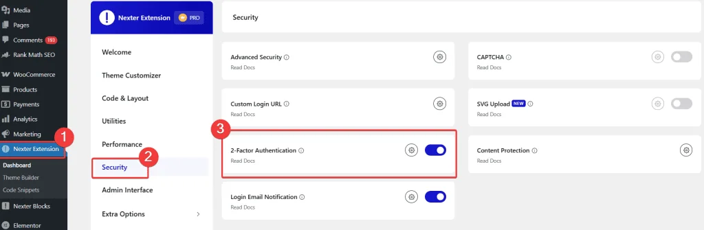 Navigate to nexter extension security features how to add two factor authentication for wordpress from the plus addons for elementor