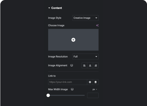 Upload image and add link to image creative images for elementor from the plus addons for elementor
