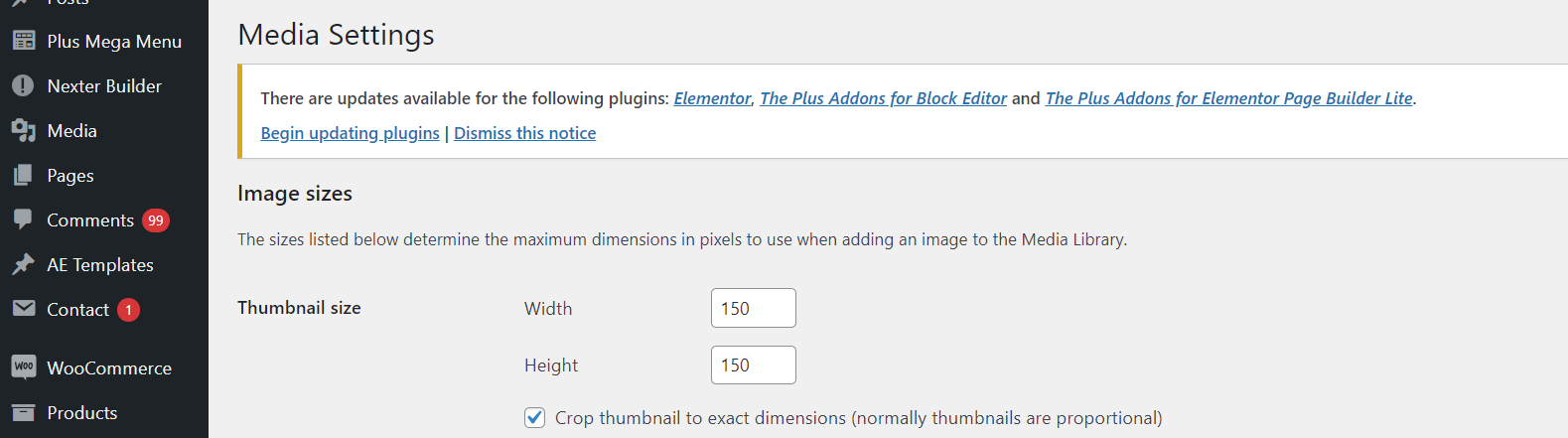 Edit the default image size manually how to fix wordpress featured image not showing issue from the plus addons for elementor