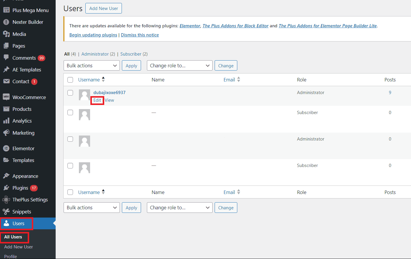 Edit the user based on the roles how to add two factor authentication for wordpress from the plus addons for elementor